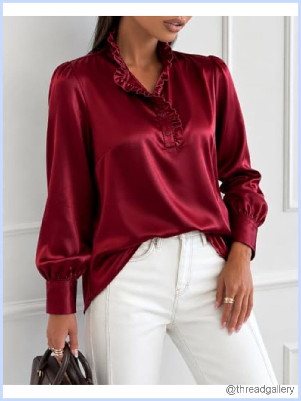 Satin V Neck Ruffled Button Down Blouse - Picture 3 of 6